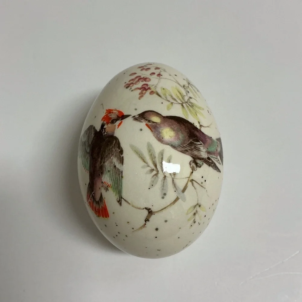 Red Finch Brown Birds on Ceramic Speckled Egg Berries Transferware Decor Vintage